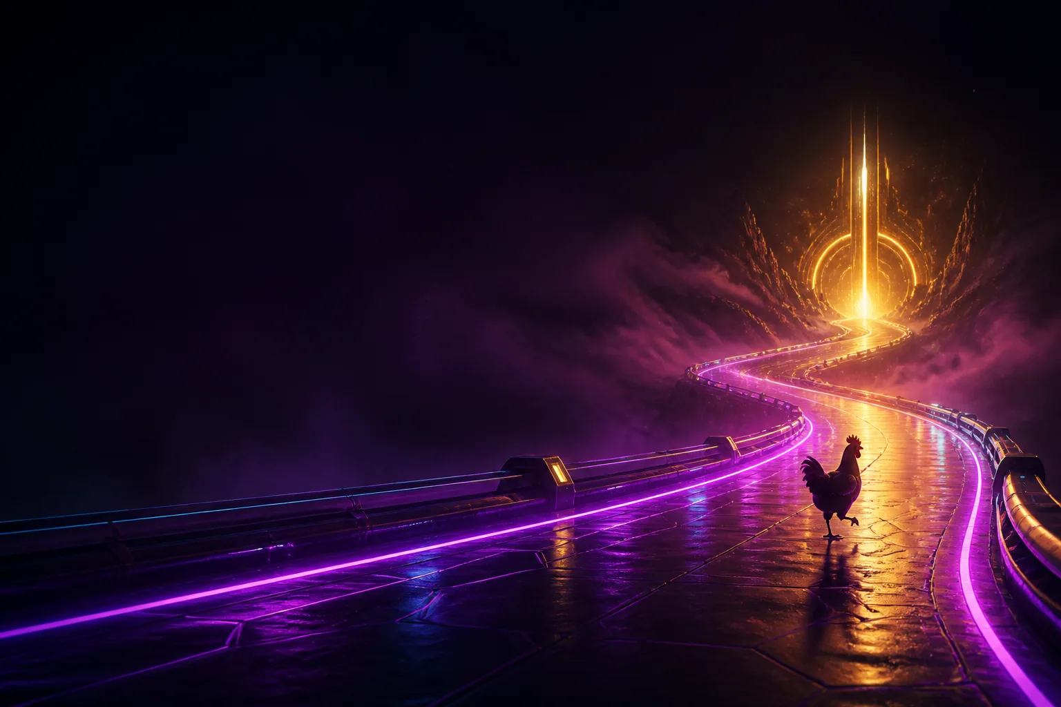 Neon yo‘lda ketayotgan original tovuq silueti — Chicken Road mexanikasi uchun tahririy illyustratsiya