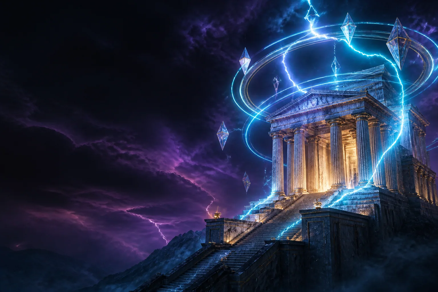 Chaqmoq ostidagi original yunon ibodatxonasi — Gates of Olympus mexanikasi uchun tahririy illyustratsiya