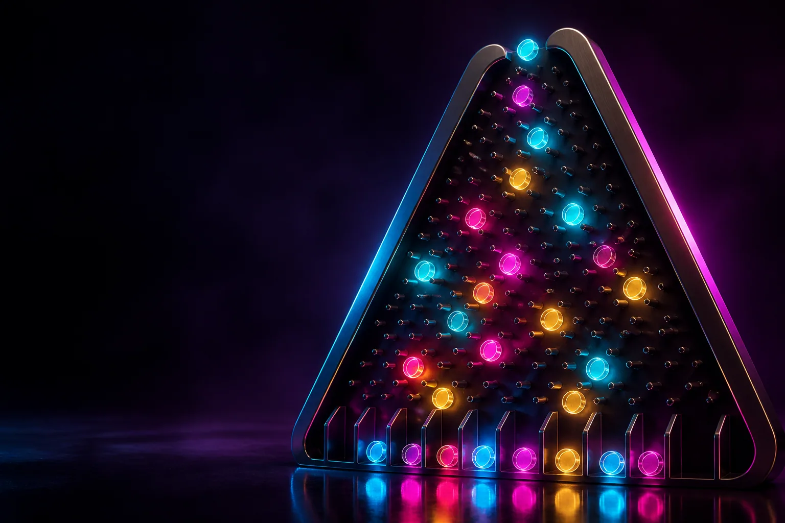 Neon pin doskasidan tushayotgan yorug‘ disklar — Plinko ehtimoli uchun original tahririy illyustratsiya
