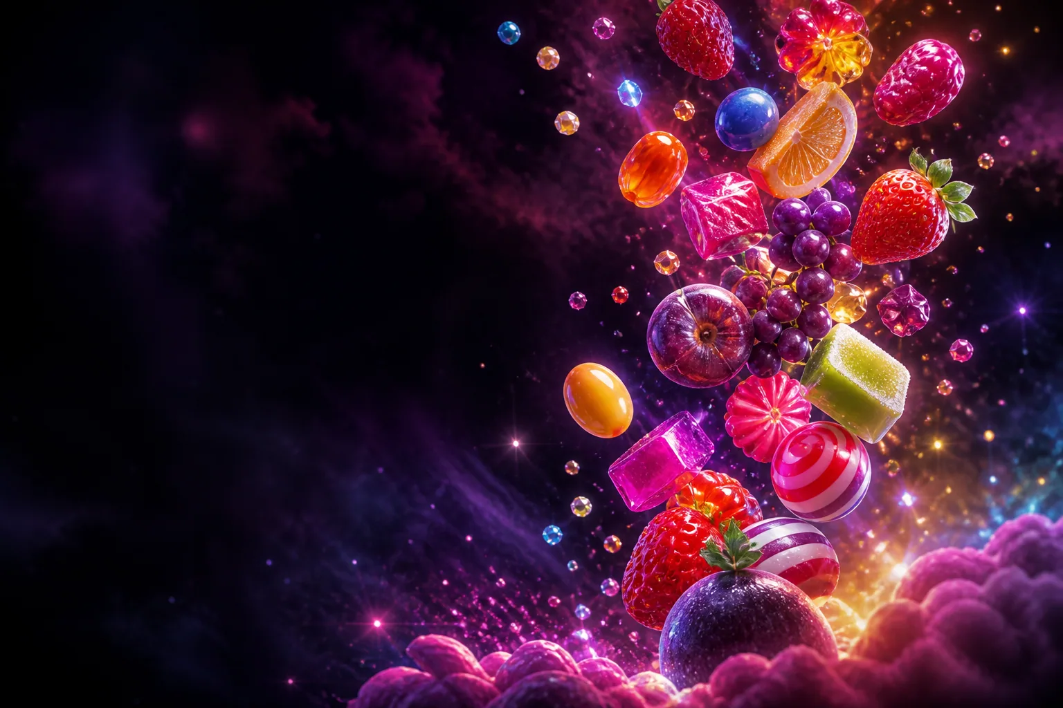 Qorong‘i neon makonda meva va shirinliklar kaskadi — Sweet Bonanza uchun original tahririy illyustratsiya